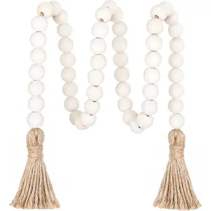 39inch Wooden Bead String Ornament with Tassels, Multifunctional Prayer Beads Bohemian Style Wall Hanging Home Decoration (Natural Material)