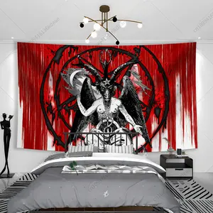 60in x 40in  home decor banner Hippie Tapestry Black And White Flag Baffmet Demon Goat Head Pentagram Satanic Headboard Aesthetic Room Decor Background Cloth funny hanging poster fan bedroom living room gift