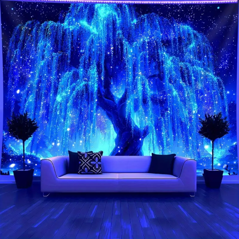 1pc UV-Reactive Tree of Life Polyester Tapestry, Wrinkle-Resistant Home Decor, Blacklight-Fluorescent Night Sky Print, Easy Installation, Ideal for Bedrooms, Parties, Gifting, Bedroom Decor