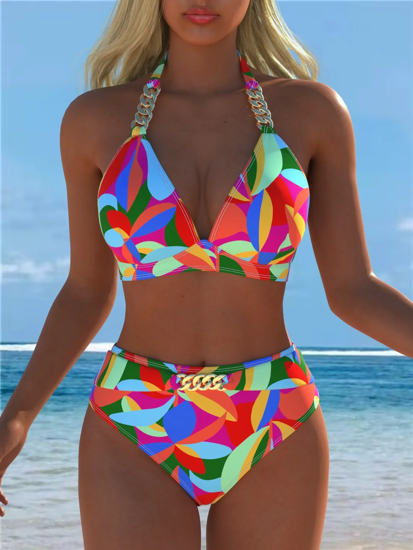 Bikini Summer Swimsuit Set, V-Neck Shoulder Chain Decoration, Back Tie Design, Beach Fashion Quick-Dry High-Quality Swimwear, Casual Fashion Swimwear