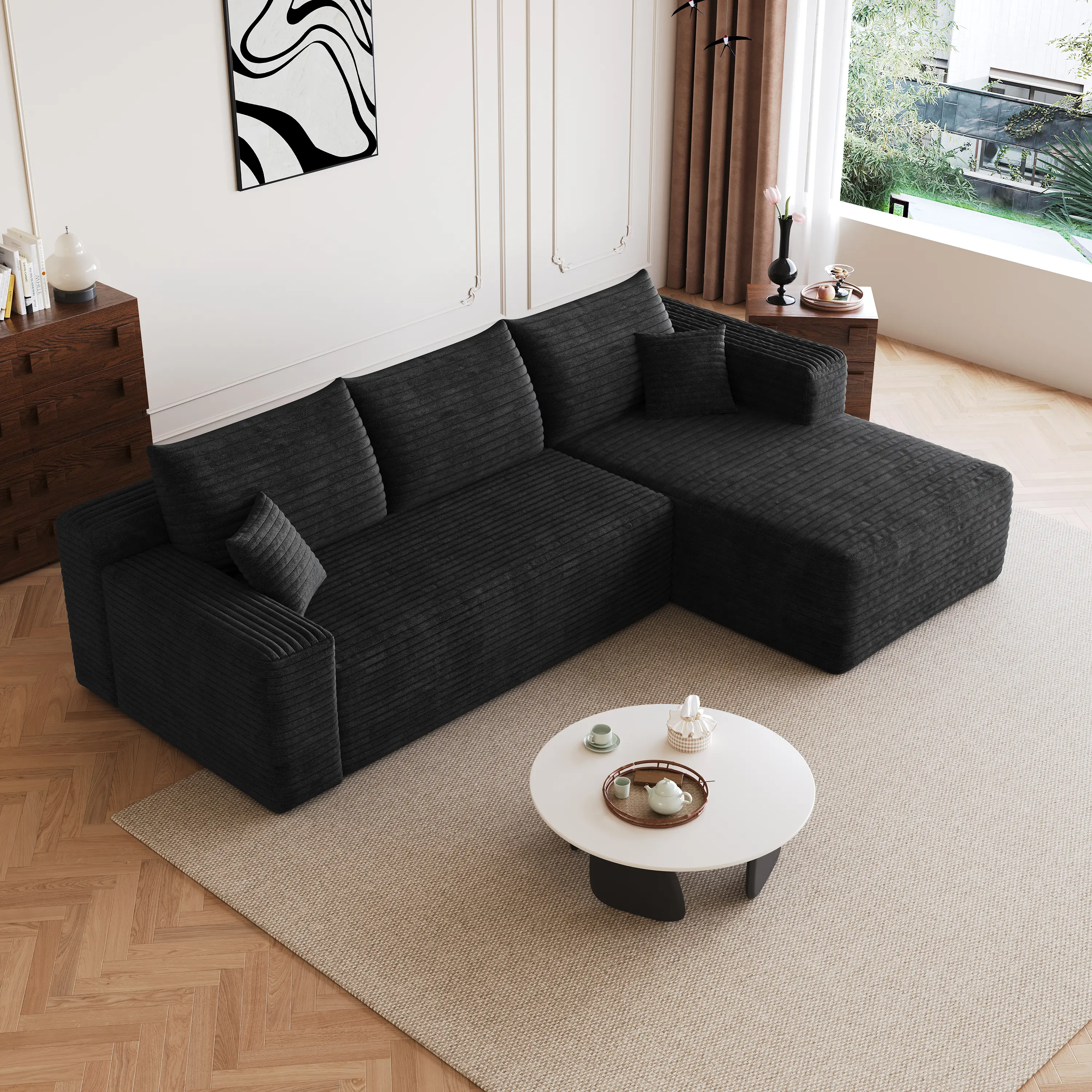 95" Cloud Sectional Sofa,Modern Minimalist Upholstered Couches, Comfort L Shaped Sofa for Living Room,Deep Seat Corner Couch,No Assembly Required,Black (Plush Corduroy Fabric)