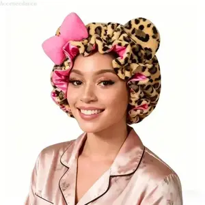 Leopard Print Teddy Bear Bonnet Satin-Lined Adjustable Sleep Cap for Women's Night Hair Care with 3D Teddy Bear Shape and Pink Bow
