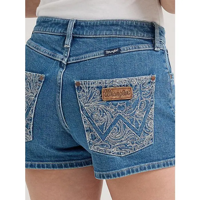 Wrangler Women's Retro Ainsley Embroidered Shorts, Mid-Rise Stretch Cotton Bottoms with 3.5" Inseam, Floral Paisley & 'W' Stitching, Retro Style, 3 1/2 Inches, Five-Pocket Styling