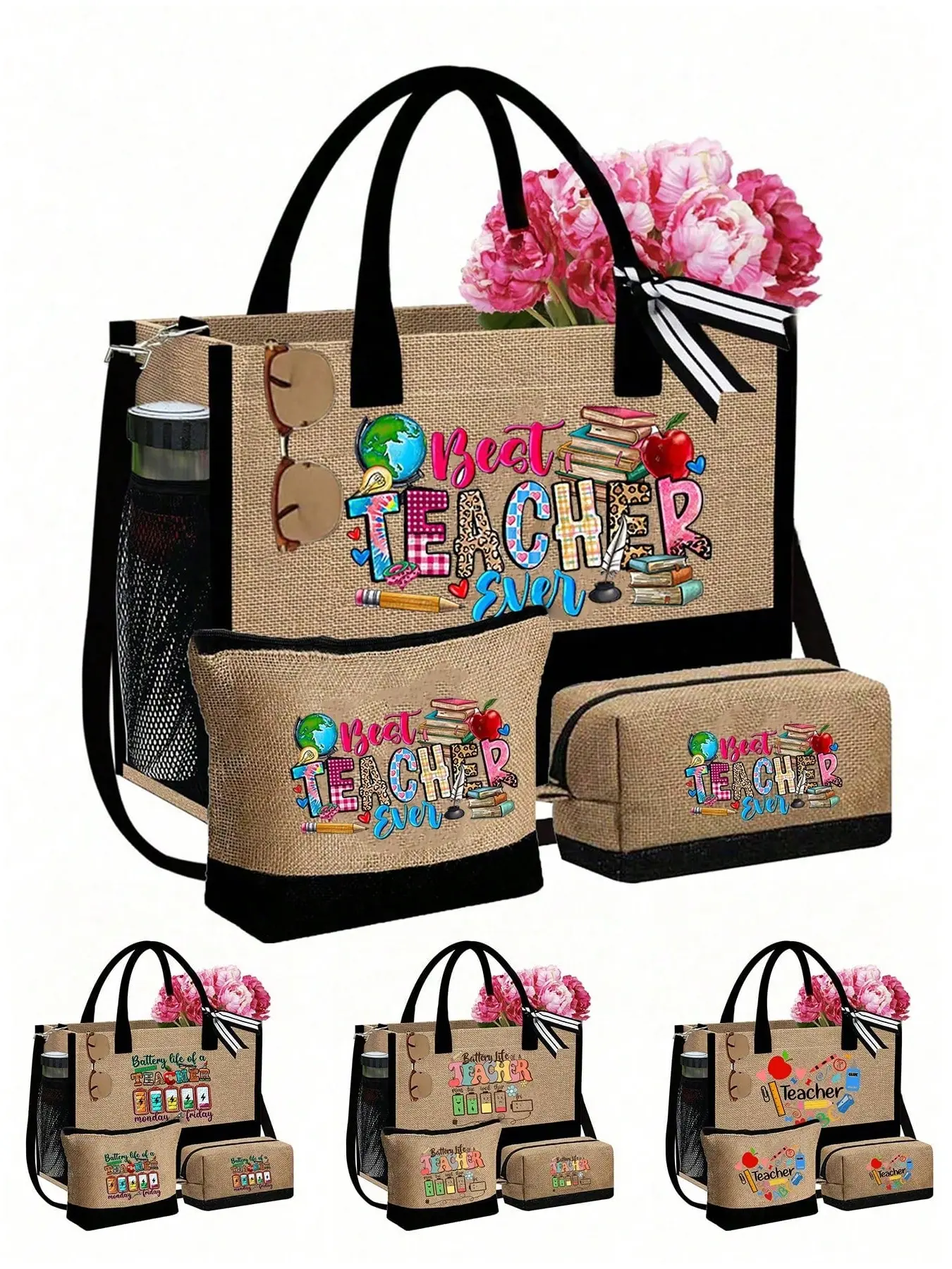 Teacher Tote Bag, with Shoulder Strap, Portable Tote Bag with Side Pockets, Soft Commuter Tote, Everyday Tote, Daily Commuting Bag, Reusable Shopping Bags, for Teachers, Travel, Commuting, Teacher's Gifts, Graduation Gifts, Back to School