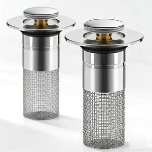 SUS304 Stainless Steel Universal Press-Type Pop-Up Bathroom Sink Stopper with Removable Clog Basket Drain Protector for US Basins & Bathtubs, Bath Tub Accessories