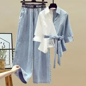 Women’s 2-piece sets, plus-size spring outfit for women, patchwork faux two-piece shirt, slimming jeans, casual womenswear