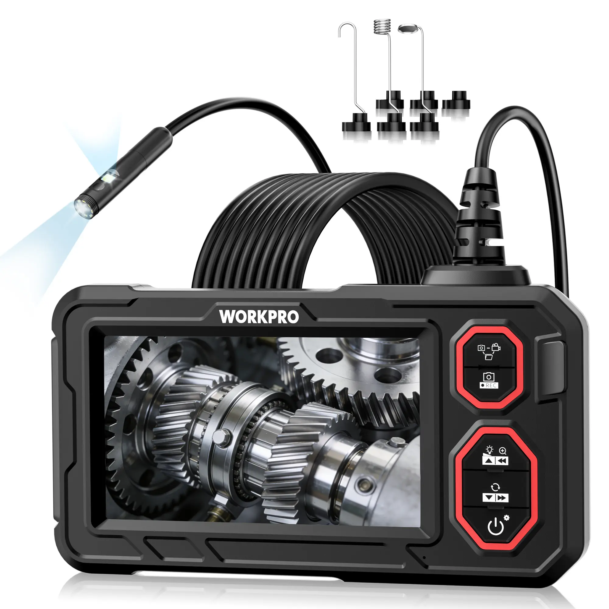 WORKPRO 4.3-Inch Rechargeable Industrial Endoscope Camera, IP67 Waterproof 1920P HD Dual Lens Borescope with 9 Adjustable LEDs, Inspection Camera with 16.4 ft Semi Rigid Cable
