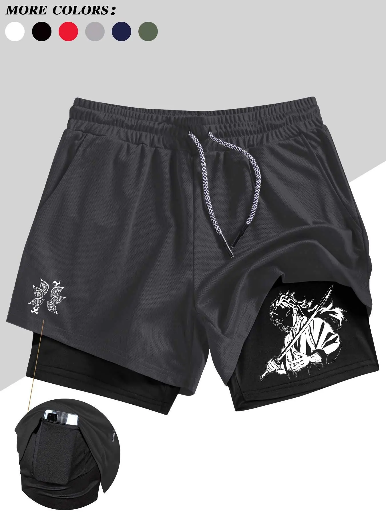 [2-in-1 Quick-Drying Shorts] Men's quick-drying sports shorts, Graphic Athletic Shorts, Soft Stretch Shorts, featuring a samurai sword design and a cell phone pocket, moisture-wicking and suitable for gym workouts, running, and basketball training shorts