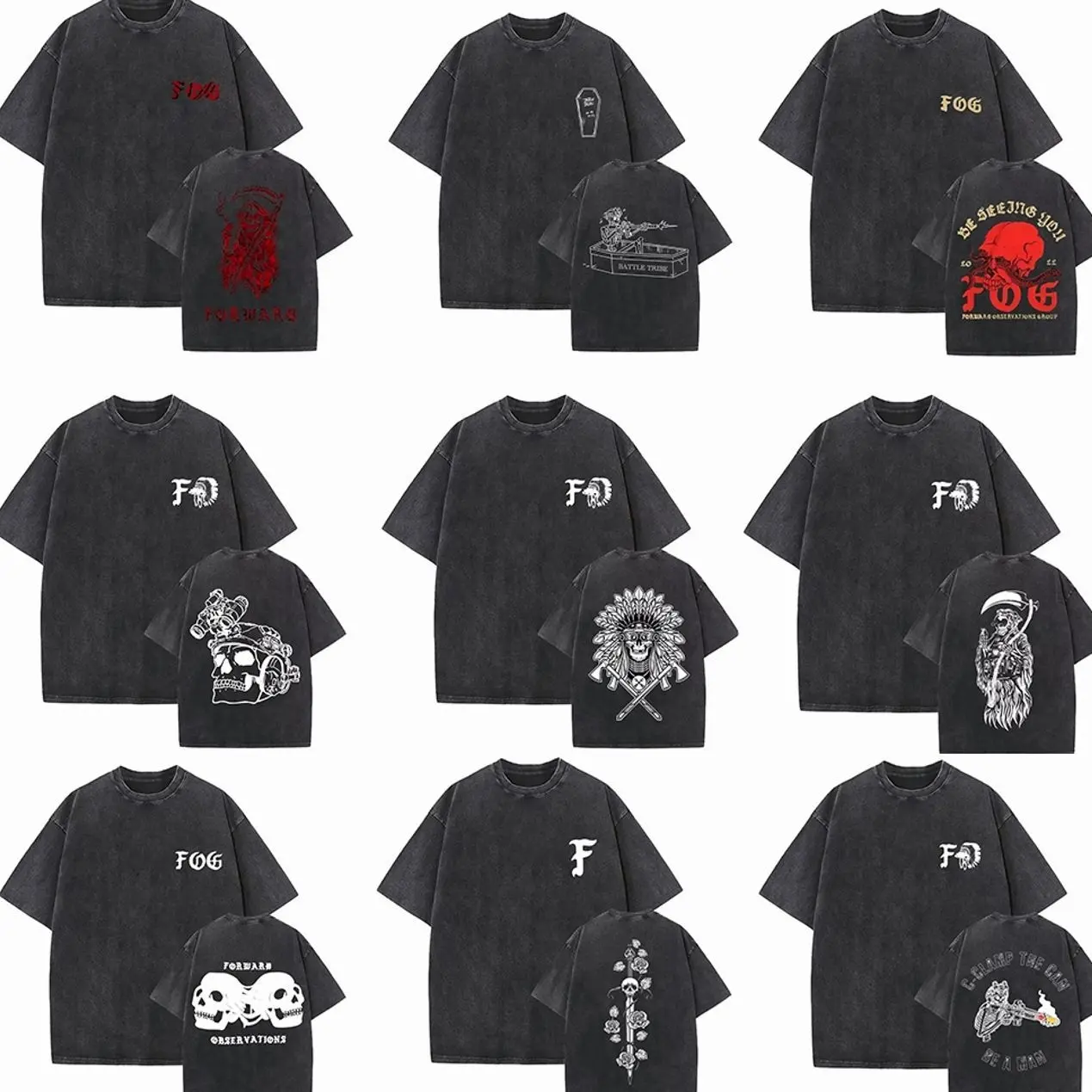 [Collection Forward Observations Group Battle Tribe]  Washed Vintage Forward Observations Group Battle Tribe From The Grave Pull Over Print T-shirts Skeleton Male Shirt