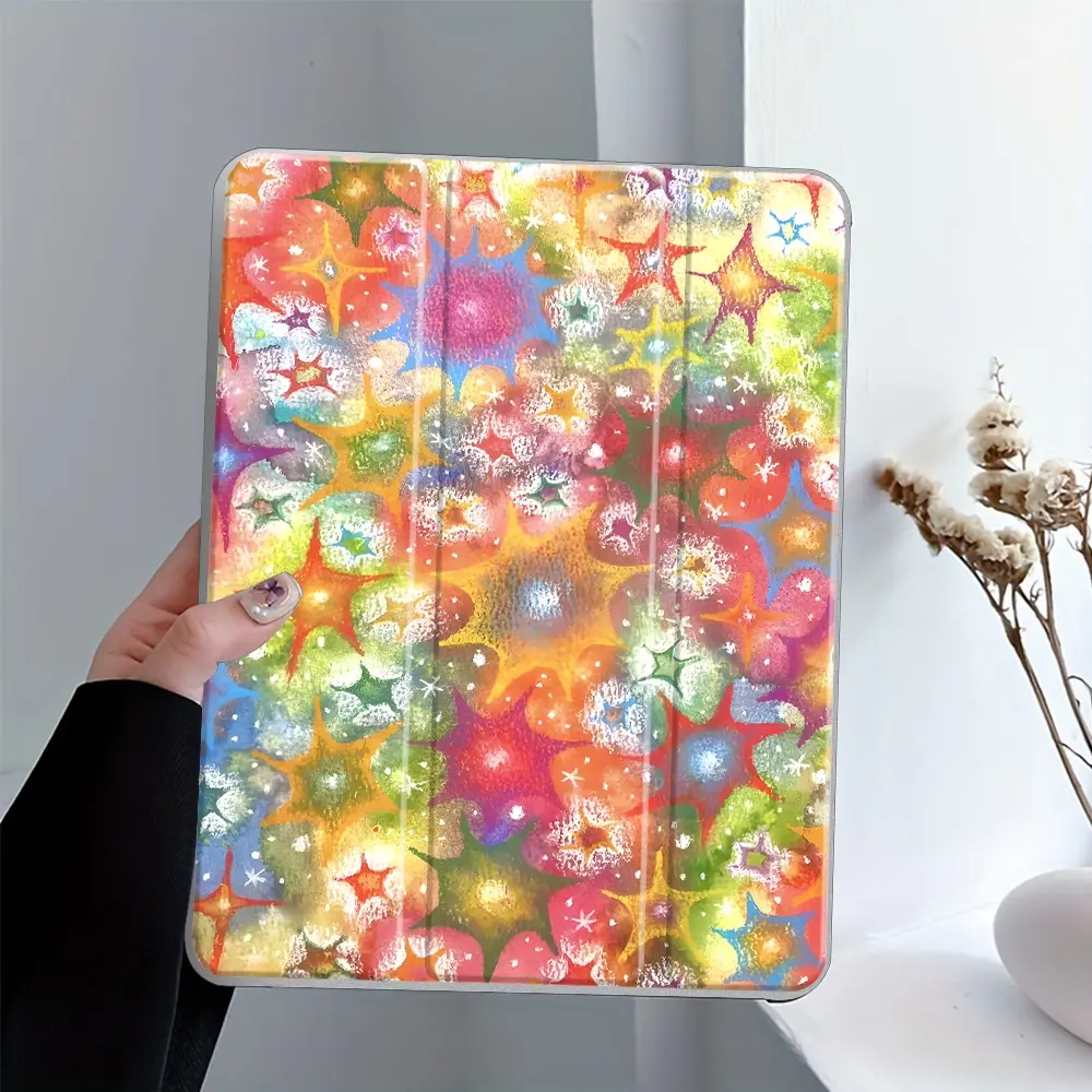 Rainbow Star Pattern Design iPad Case, Tablet Cover, Protective Tablet Cover, Transparent Acrylic Hard Back With Pencil Slot, Suitable for Ipad mini pro air, Scratch-resistant Ultra-thin, Shock-resistant Full Cover, Suitable for Office, School and Home