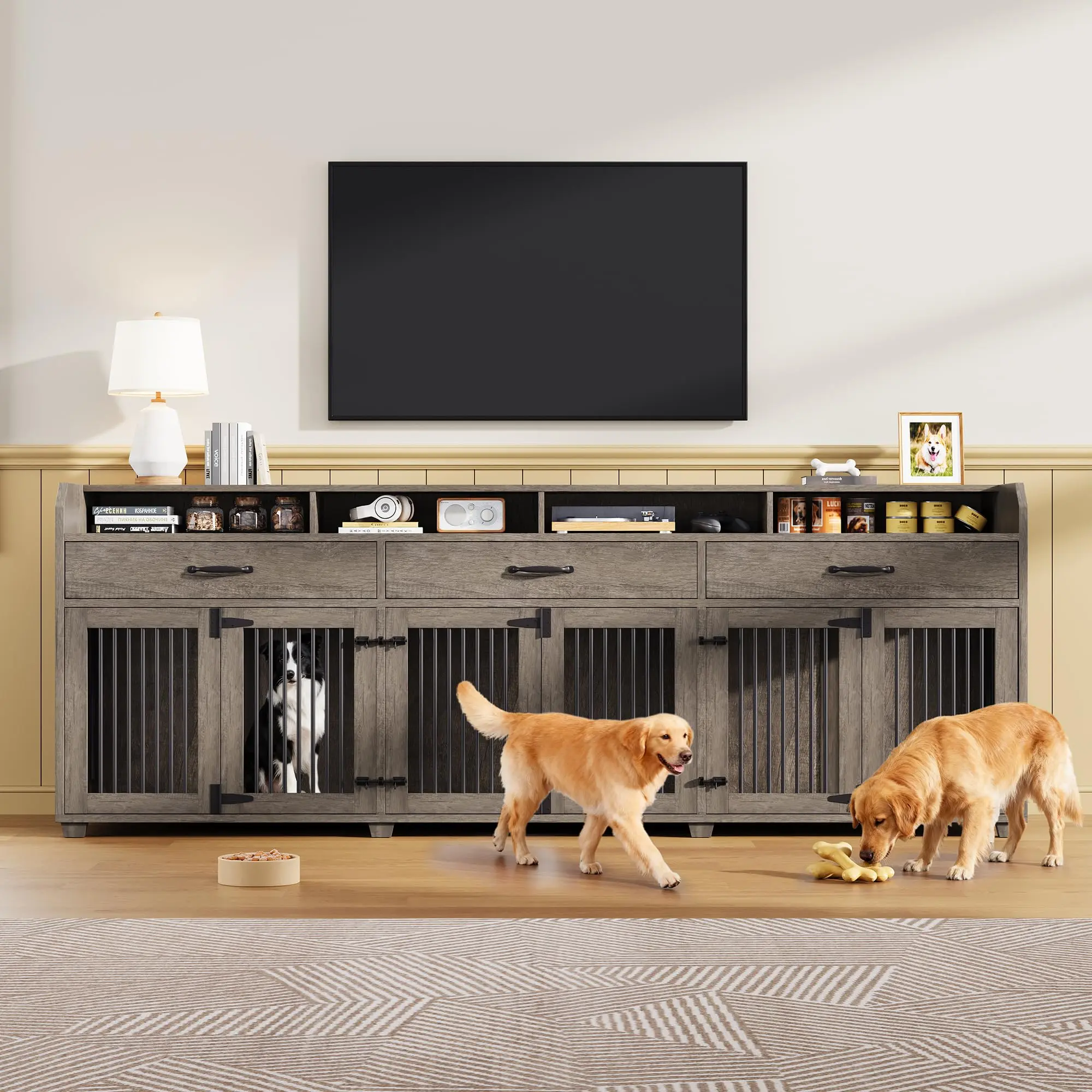 [Ships in 2 Boxes]VanAcc 95" Large Dog Crate Furniture with Storage, 3-Room Indoor Wooden Dog Kennel for Large/Medium Dogs, TV Stand & Sideboard with Drawers & Removable Divider #homemakeover