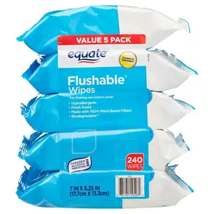 Equate Fresh Scent Flushable Wipes 5 Pack 240 Count Hypoallergenic Paraben-Free Alcohol-Free Plant-Based Fibers 1-Ply Disposable Cleansing Cloths Single Use Tissues Scented Napkin
