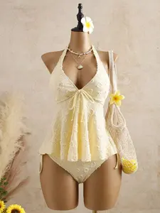 Women's Yellow Polka Dot Camisole Bikini Set | Spaghetti Strap Ruffle Beach Tankini | Summer Vacation Tropical Cute Swimwear Outfit