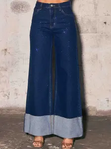 [XPT643] Rhinestone High-Rise Cuff Up Wide Leg Jeans