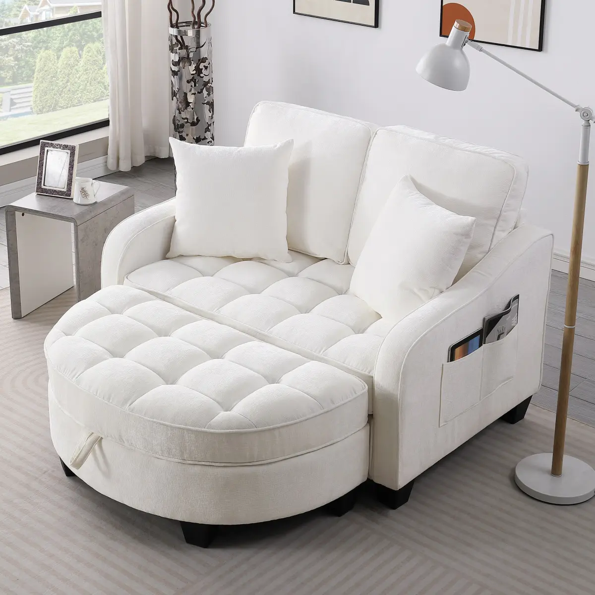 Two-seater sofa, double sofa chaise longue, with irregular armrests and backrests, footrest with storage space, comes with two small throw pillows, suitable for living room and bedroom - Beige