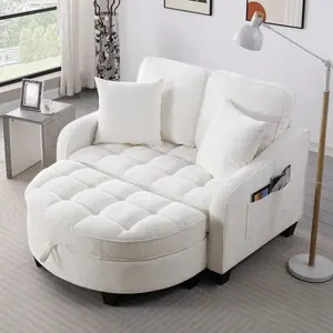 Two-seater sofa, double sofa chaise longue, with irregular armrests and backrests, footrest with storage space, comes with two small throw pillows, suitable for living room and bedroom - Beige