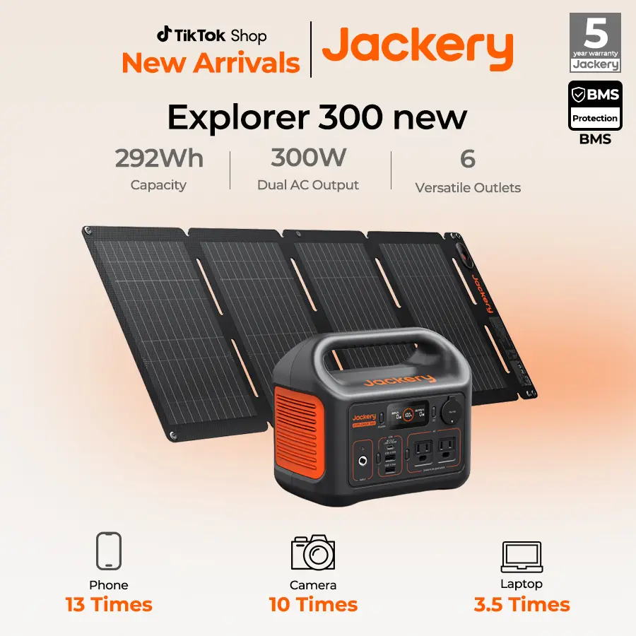 Jackery Solar Generator 300, 292Wh Power Station , 300W Pure Sine Wave AC Outlet for RV Outdoors Camping Travel Blackout