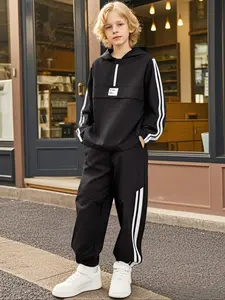 Boys' Fashion Casual Hooded Sweatshirt Set with Zipper Half-Open Jacket & Drawstring Pants, Long Sleeve Pullover Youth Kits, Hoodies, Sweatpants