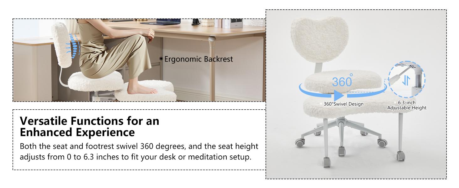 Cream Cross Legged Office Chair with Wheels–360°Swivel Meditation Chair, Adjustable Height Yoga Office Chair for Adults, Ergonomic Kneeling Chair with Back Support for ADHD, Faux Fur,