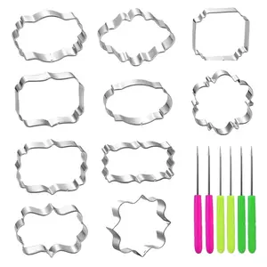 10PCS Frame Cookie Cutters with 6 Cookie Scribes Stainless Steel Plaque Cookie Cutter Difference Shapes, DIY Fondant Cutters Tiles Metal Pancake Molds for Biscuit Wedding Baking Decorations Holiday Birthday Party