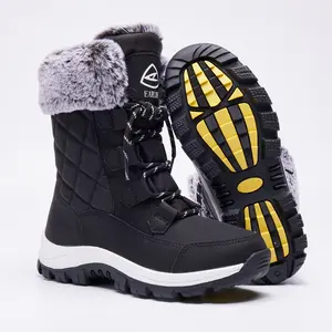 EARD Women's Snow Boot All Black Waterproof Lace Up Mid-Calf Outdoor Winter Deep Tread Rubber Sole Full Fur Lined Durable Stabilizing Walk Comfortable Shoes