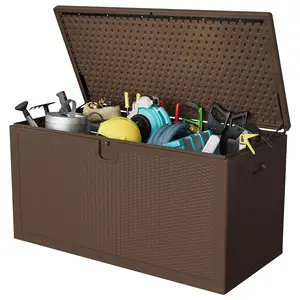 Garvee 150 Gallon Outdoor Storage Box, Large Resin Deck Box with Hydraulic Air Rod, Weatherproof & Lockable Outdoor Storage Bin for Patio Cushions, Garden Tools, Pool Supplies, Porch, Brown