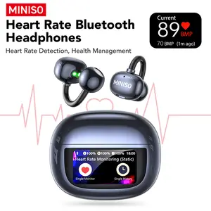 MINISO MS212 Clip-On Ear Headphones with Heart Rate Monitoring Wireless Audio Headphones for Music & Phone Calls, IPX5 Sport Waterproof & Sweatproof, with LCD Full Color Touch Screen, Bluetooth 6.0 Headsets, Heart Rate Health Management
