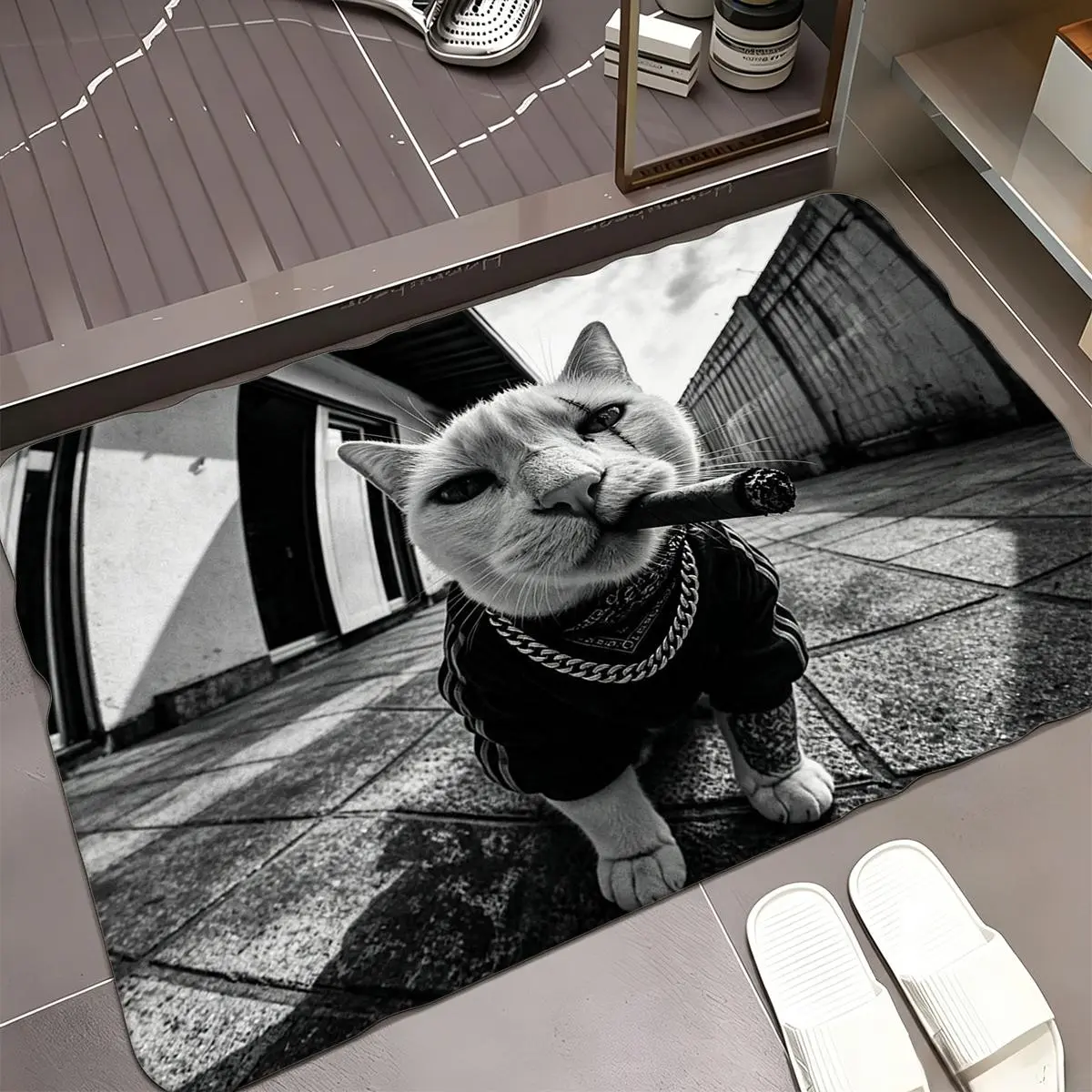 Funny Cat Cigar Doormat, Black and White Vintage Cat Print Flannel Floor Mat, Soft Absorbent Decorative Rug for Bedroom, Bathroom, Entryway, Kitchen, 16×24in / 20×31in / 24×36in
