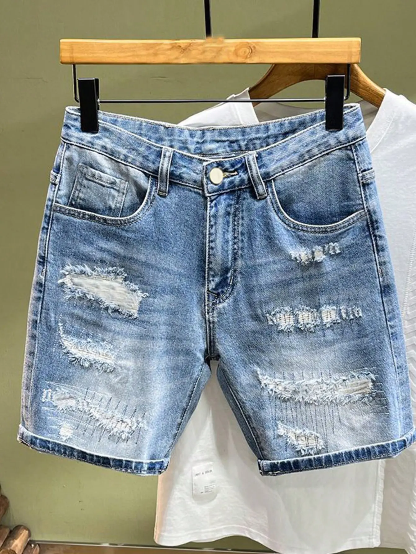 SRETOUU Men's Ripped Distressed Denim Shorts - Blue Vintage Washed Jean Shorts with Bold Rips & Frayed Hems for Summer Streetwear - Cotton, Menswear