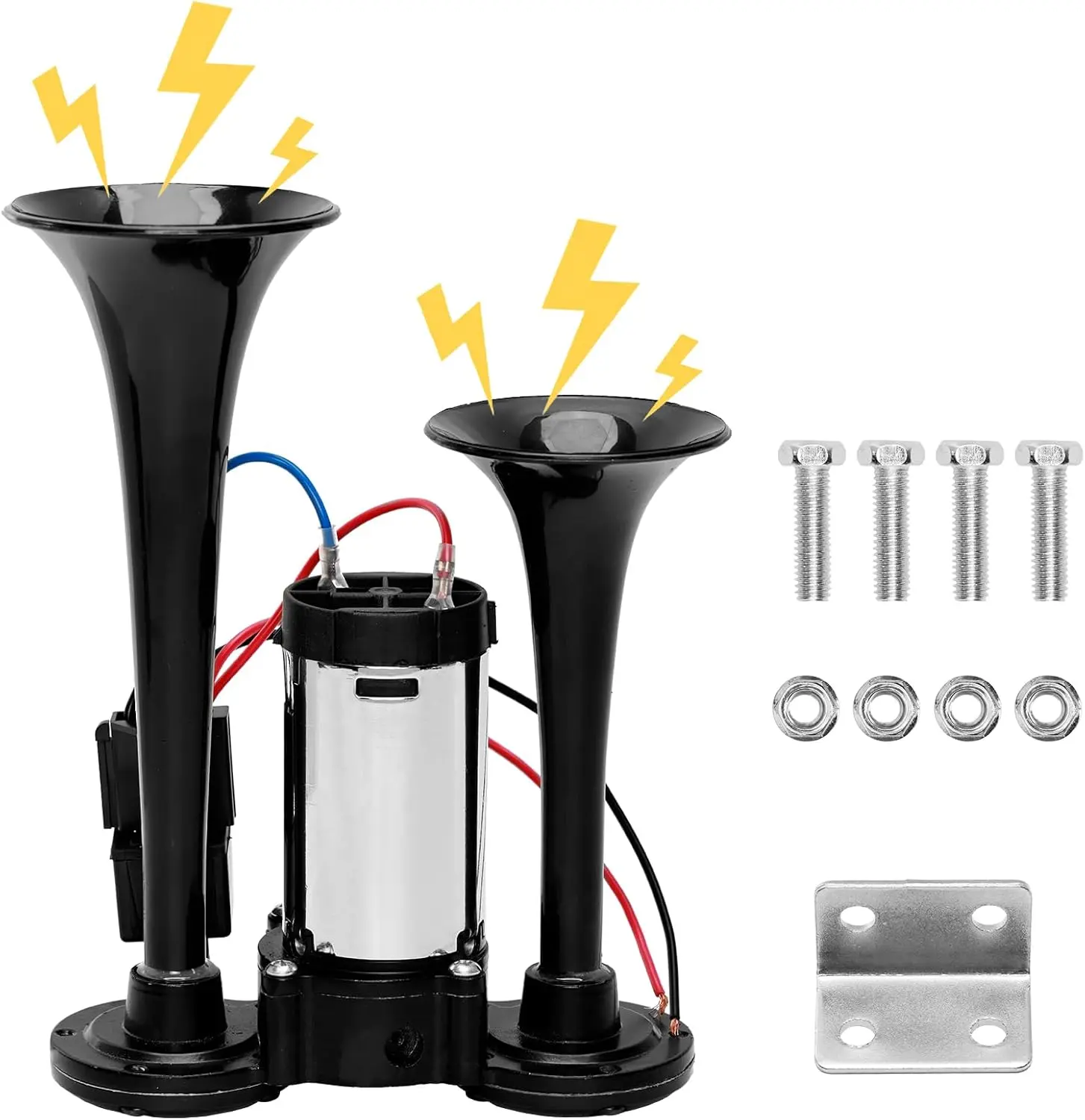 12V 120DB Super Loud Dual Electric Air Horns Kit with Compressor Applicablefor Any 12V Vehicles SUV Truck Car Airhorns Horn Loud Motorcycle Trucks Boats Trains Speaker (Black)