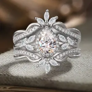 2-Piece Set Luxury Teardrop Cubic Zirconia Crown Wedding Rings - Ladies & Couple Ring Set, Perfect for Wedding, Engagement, Valentine's Day, Christmas Gifts