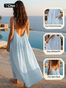 Summer Women's Long Nightdress, Elegant Plain Strapless Sleeveless Back Tie Loose Fit, Comfortable Dual Pockets, Casual Home Sleepwear, Chic