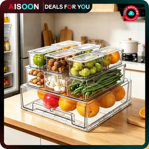 AISOON 10/14 Pack Fridge Organizer Bins with Lids,With a Pull-out Large Drawer, BPA-Free Stackable Clear Containers for Food, Drinks, and Food Storage, Ideal for Kitchen Organization