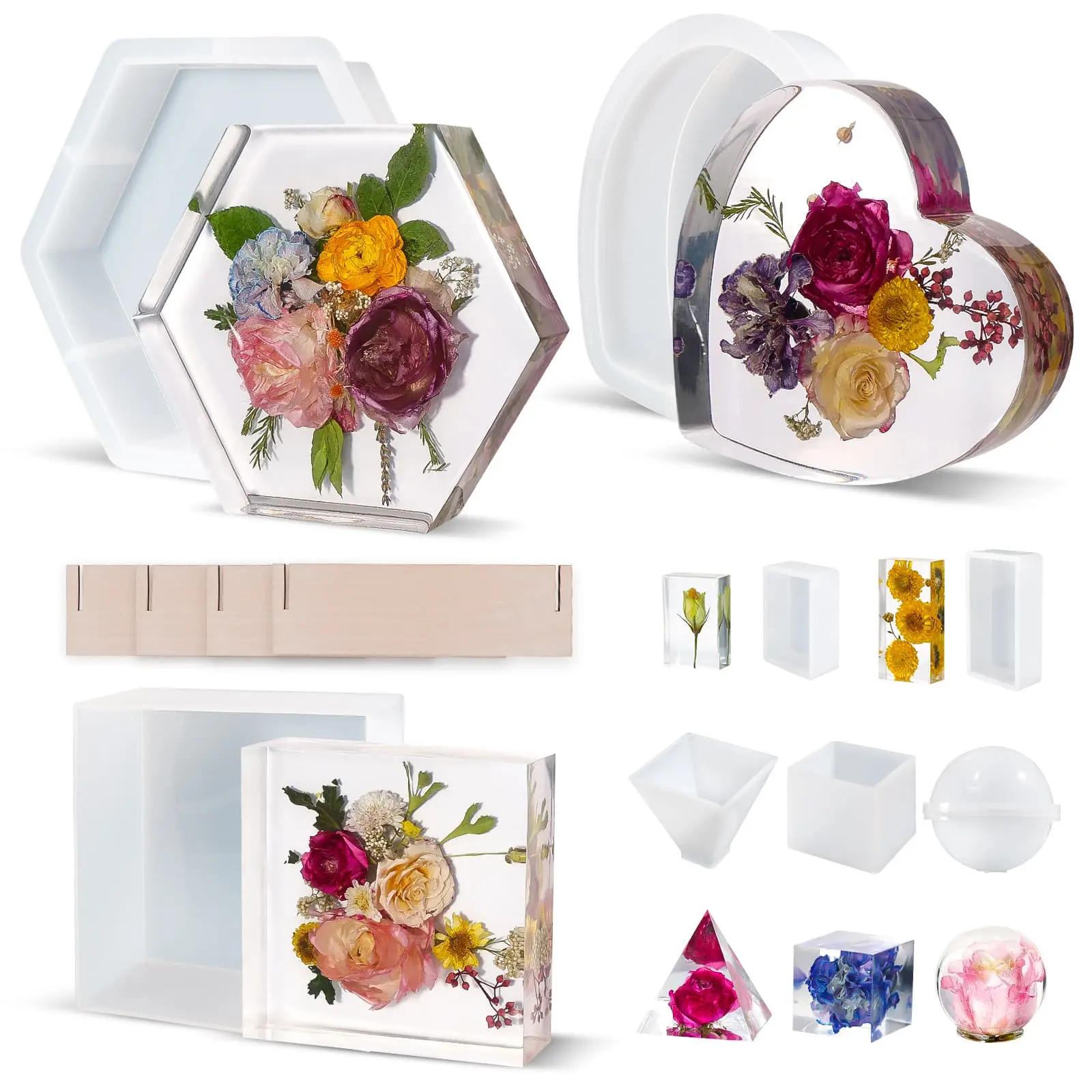 LET'S RESIN 8Pcs Silicone Resin Molds - Deep Epoxy for Flower Bouquet Preservation, Large Casting (Square, Hexagon, Heart) for DIY Crafts, Artful Design Home Decoration, Desk Organizer Bookends
