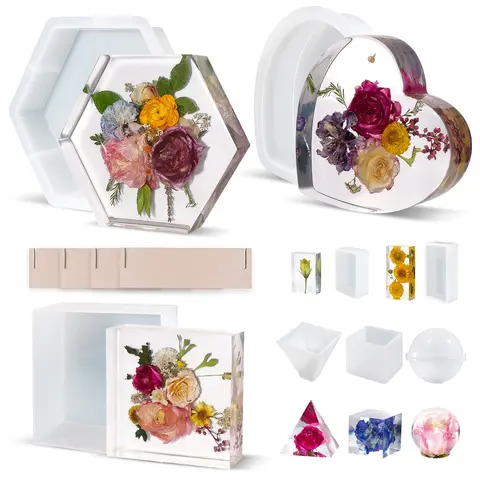 LET'S RESIN 8-Piece Large Geometric Silicone Resin Molds - 3 Jumbo 3D Preservation Molds (Square, Hexagon, Heart, Pyramid), 2.5oz Deep Epoxy for Memorial Use, 60oz Mirror-Gloss Cast Desk Organizer Bookends for Crafters' Office Stationery DIY Decor