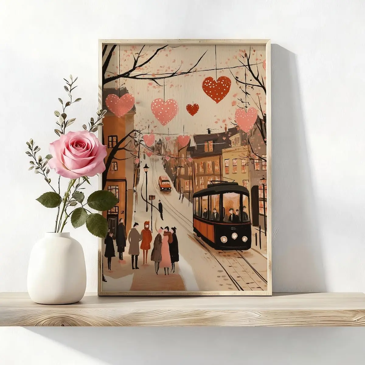 Valentine's Day Canvas Wall Art Decor - Pink and Red Love Hearts Photo Poster, Cozy and Festive Street Bus Dating Print, Romantic Gift for Her (Home Decor Posters & Prints Supplies), Valentines Day, Festive Look