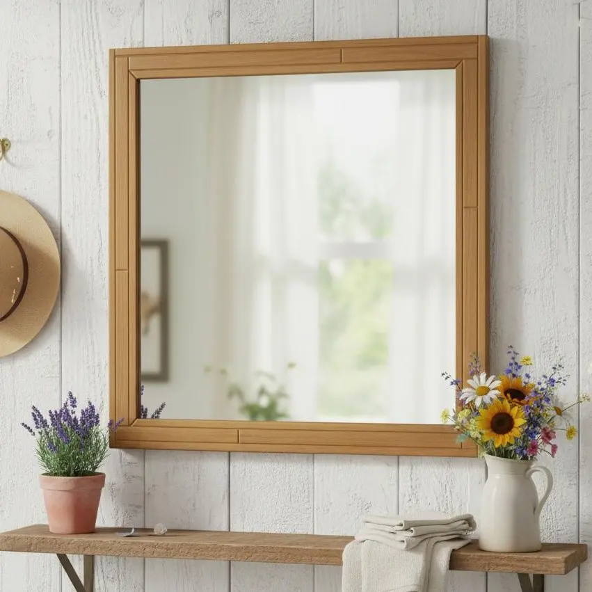 ZIYOO 30x30 Inch Wood Wall Mirror | Farmhouse Wooden Vanity Mirror for Bathroom, Bedroom, Entryway, Living Room | Vintage Square Decorative Wall Decor Mirror