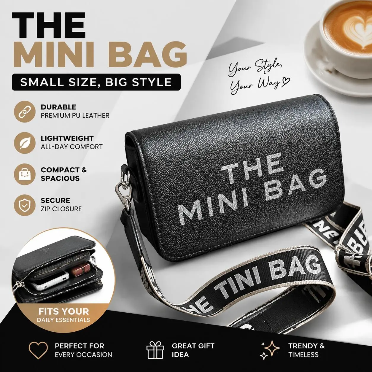 Women's Single Shoulder Bag - PU Leather Mini Purse Shoulder Bag, Horizontal Square Shape, Letter Print & Stitching, Covered Opening, Phone Pocket, 21x6x12 in, Lightweight & Stylish Look, Shoulder Bags, Wide Strap