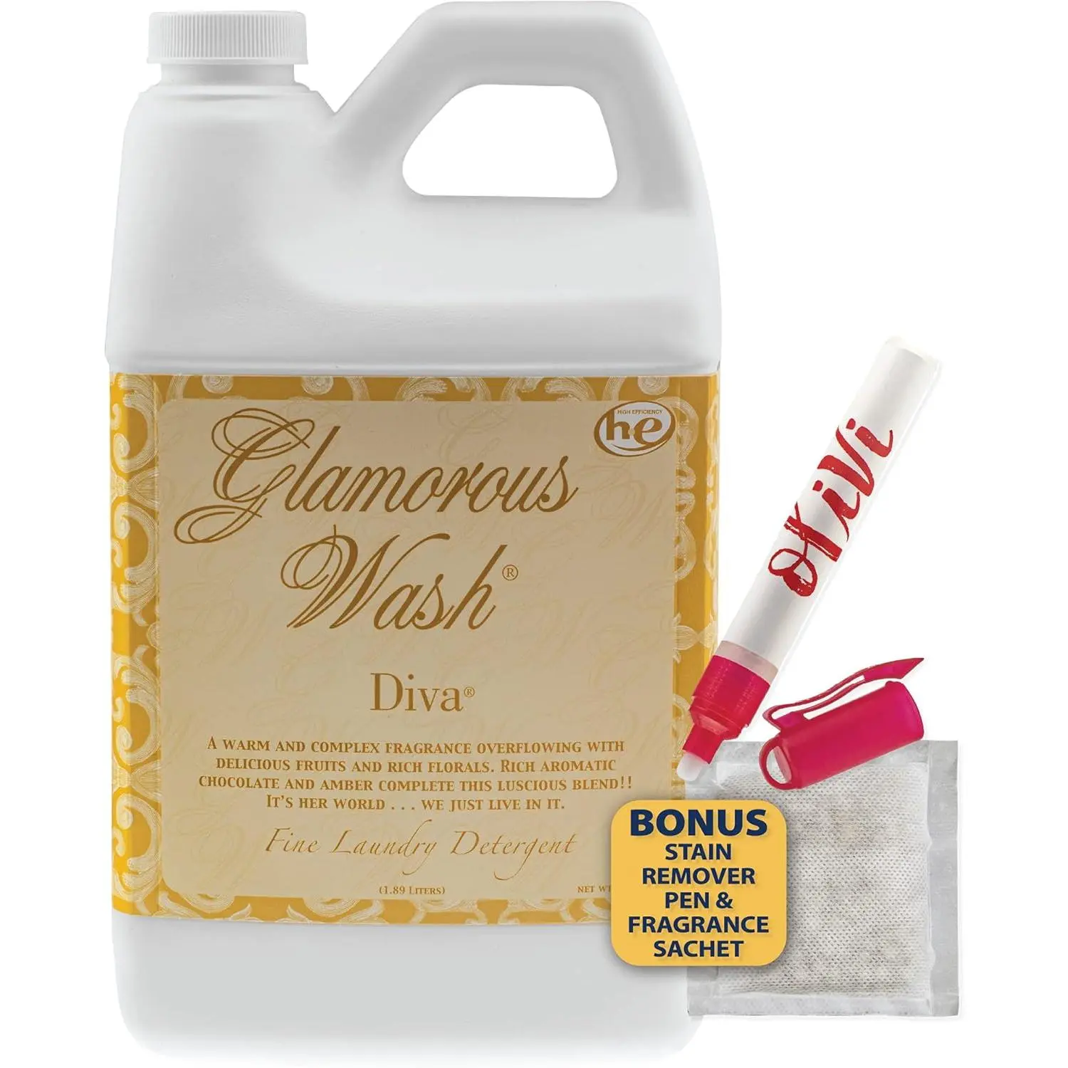 Glamorous Wash Laundry Detergent- 1/2 Gallon - With Olivi Stain Remover Pen - Fresh Scented Sachet - Laundry Detergent - For Washing Clothes, Linen, Lingerie, Expensive Fabric, Sheets