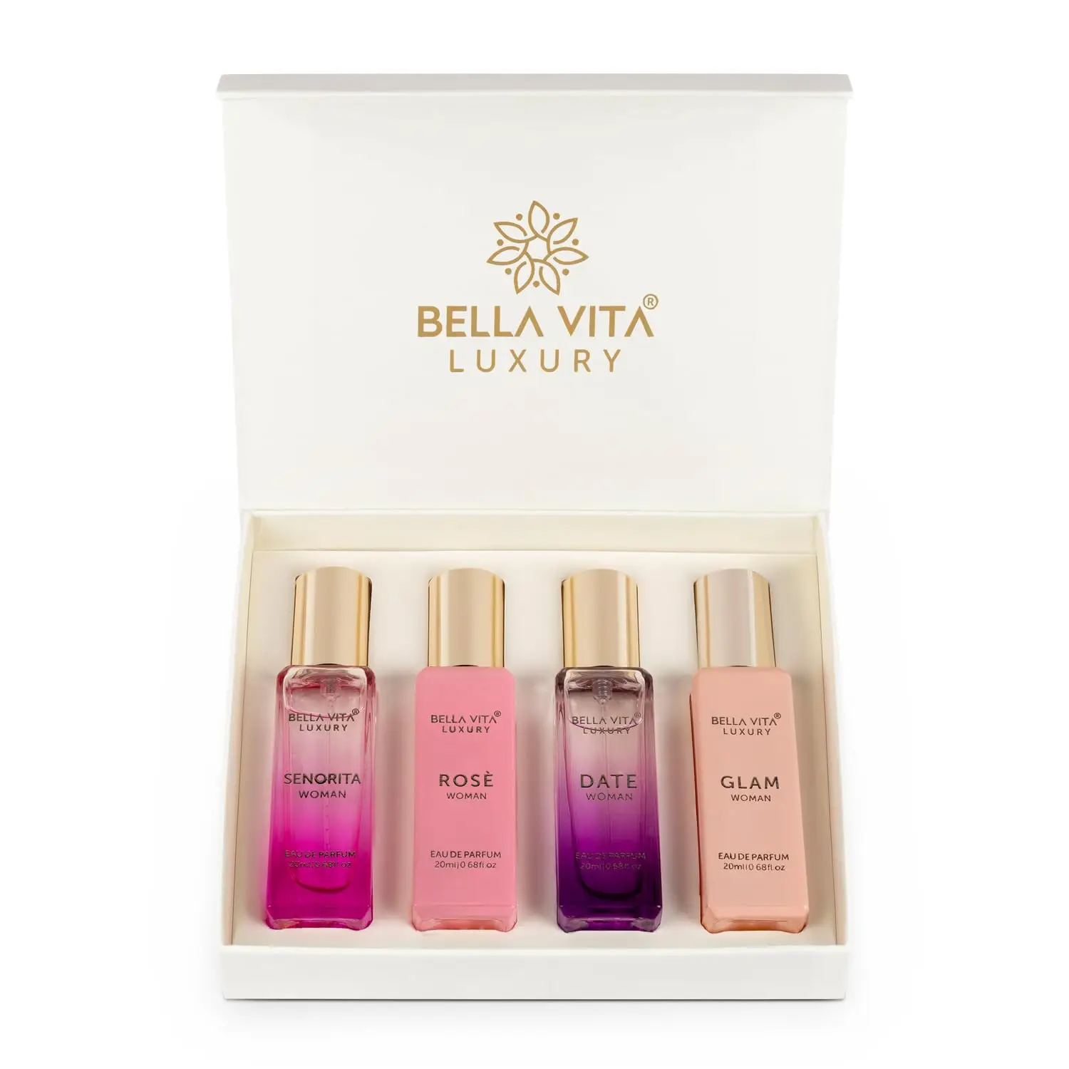 BellaVita Luxury's Perfume Gift Set For Women | 4 Luxury Minis | Long Lasting | Senorita, Rose, Date, Glam | Eau De Parfum | Portable Perfume Kit