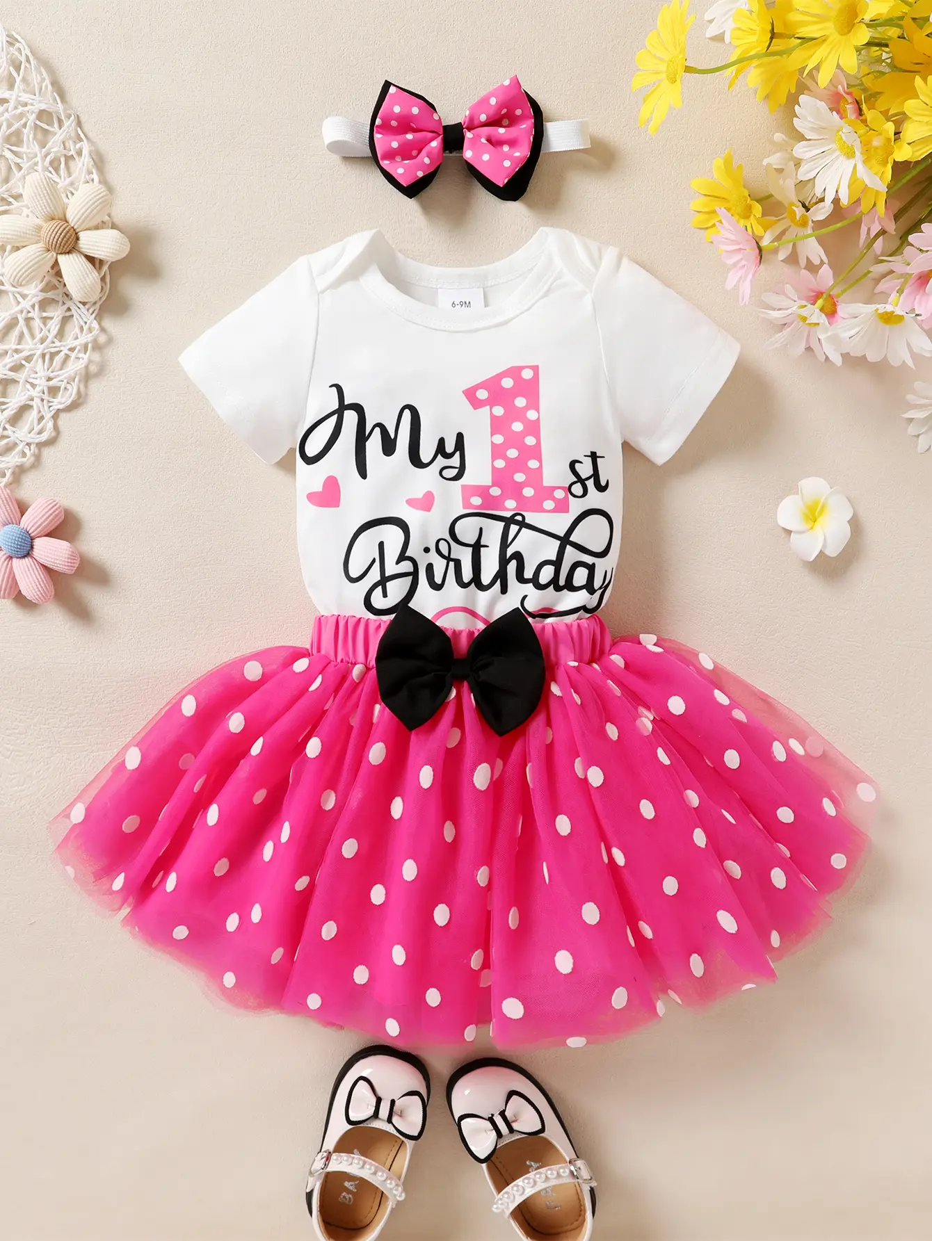Girl's 3-Piece Knitting Elastane Baby Clothing Gift Set - Soft Breathable Fitted Letter Slogan Jumpsuit, Hot Pink Polka Dot Tutu Skirt, Bow Headband for 1-3m/12-18m 1st Birthday, Sweet Look Outfits