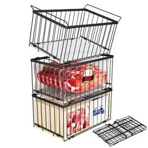 ANJUBAN Large Freezer Organizer Bins, Upgrade One-Touch Open/Close, for 5 to 9 Cu.FT Deep Freezer Sort Frozen Meats，3/4/6 Pack Big Stackable Deep Freezer Organizer Bins,  Wire Foldable Baskets with Handles