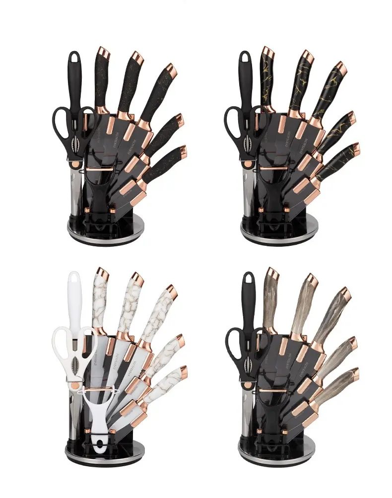Marble Knife Set Rose Gold Rotating  Base 7 8 9 Piece Set Black Steel Gift Knife Set