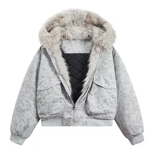 Unisex Hooded Down Jacket with Large Fur Collar Thickened and Warm for Winter Gray and Pink Couples Jackets Cotton Material Ideal for Cold Weather