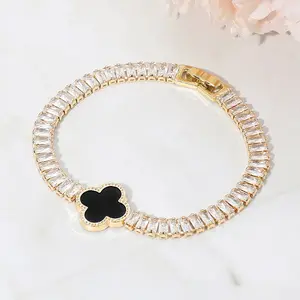 Tennis Bracelet, Quatrefoil Charm Accent, CZ Baguette Cluster Link Costume Jewelry Bracelet, Tennis Bracelets