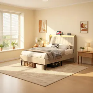 Twin Bed Frame with Mattress Included, Upholstered Platform Bed with Headboard, Built-in Charging Station with USB & Outlets, Noise-Free, No Box Spring Needed, Easy Assembly