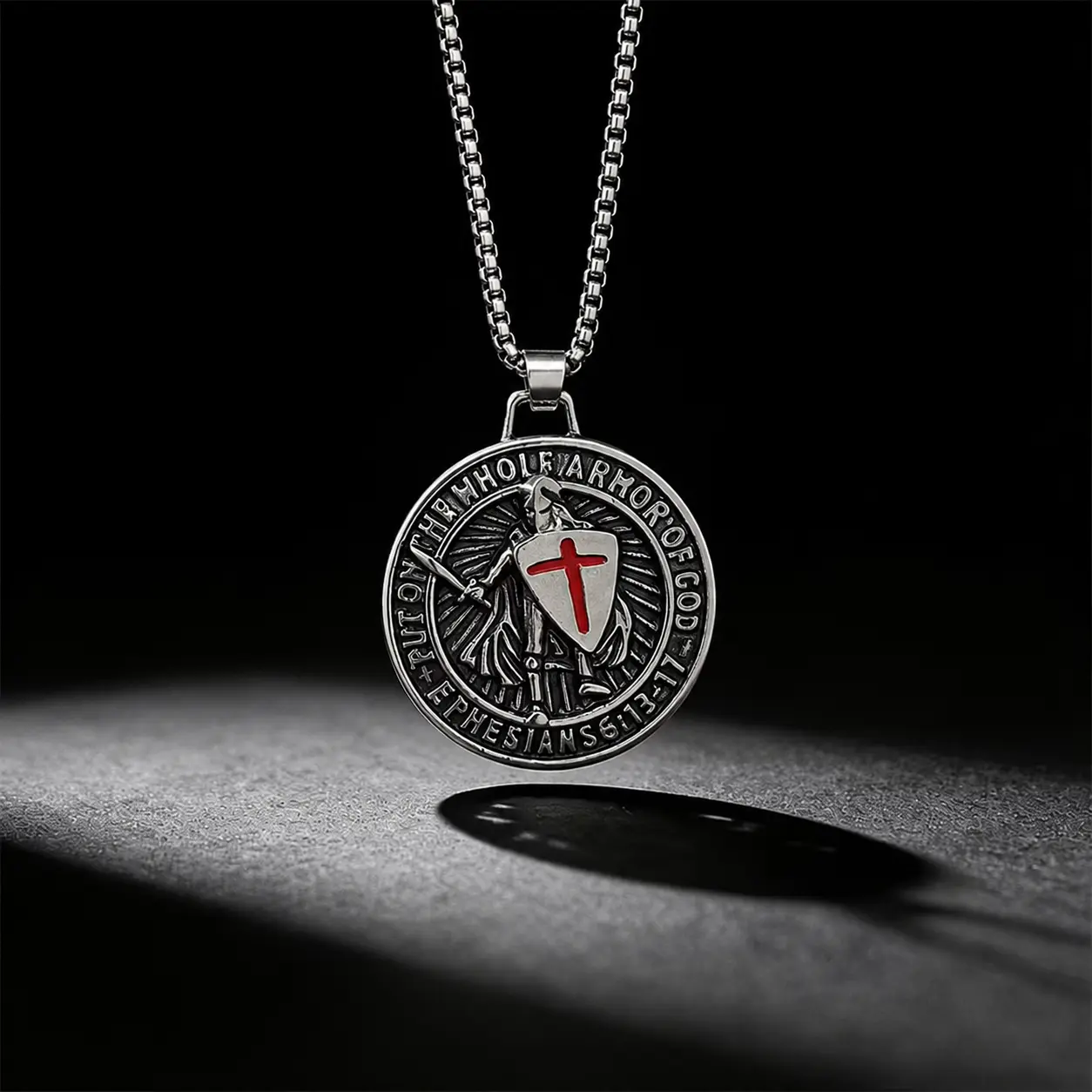 Knights Templar Crusader Cross Necklace for Men, Armor of God | Stainless Steel Medieval Red Cross Pendant, Ephesians 6:13-17 Whole Armor of God Medallion Protection religious  Necklace, Men's Gift