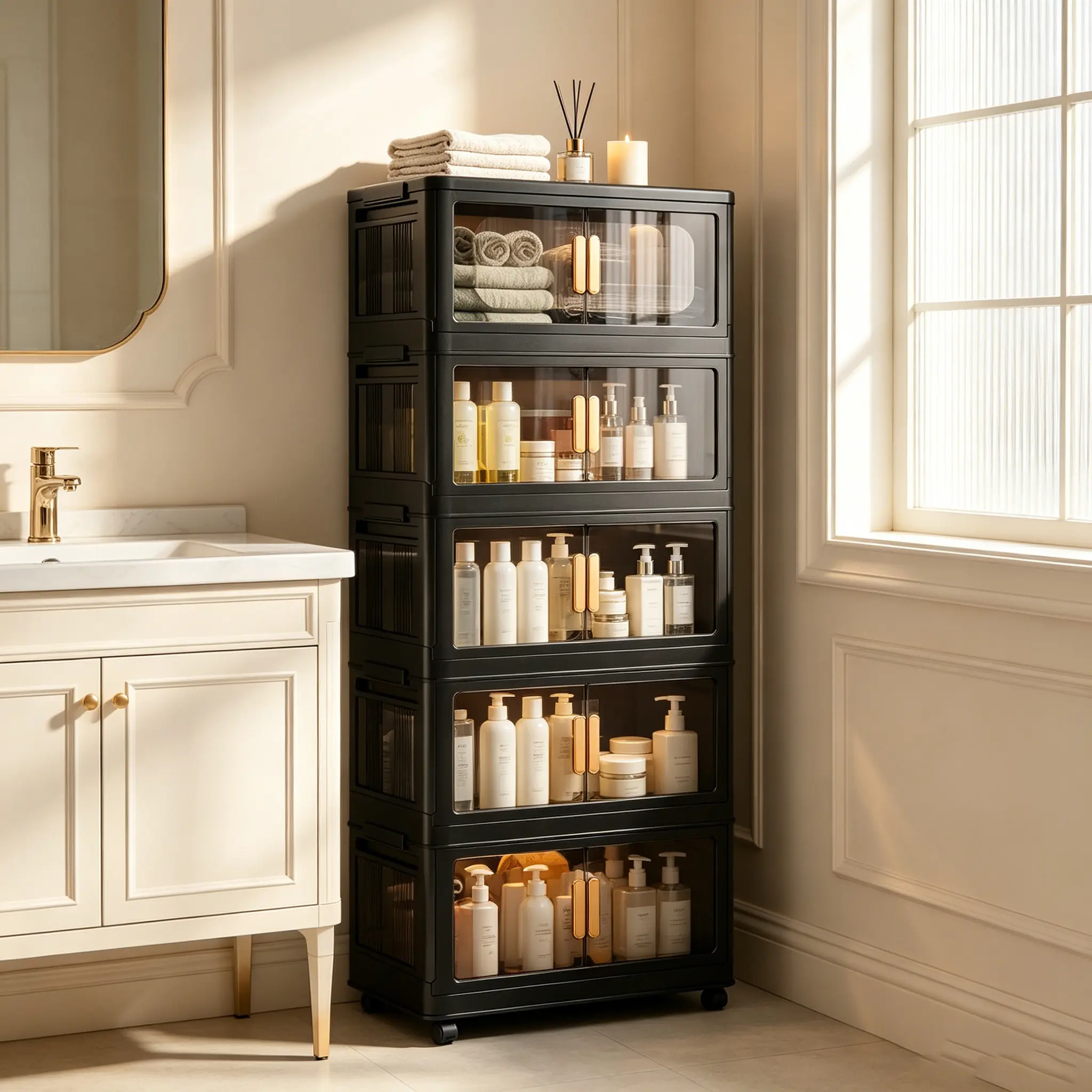 Classic Foldable Organizer Storage Cabinet with Lockable 360° Swivel Roll Casters - Fold for Space Home Organizer for Clothing, Bathroom & Kitchen Use