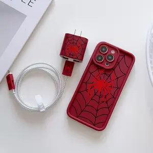 6-Piece Set Spider Pattern Shockproof Protective Phone Case Decorative Phone Protector + Charger Head Cover + Cable Protector + Storage Rope + Data Line Protection for Smartphone iPhone 15/16 Series Accessories