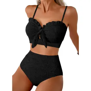 Women's 2-Piece Effortless Elegance Seashell Textured Bikini Set - Knotted Front, Ruffle Trim Bathing Suit 2026, Two Piece Sets